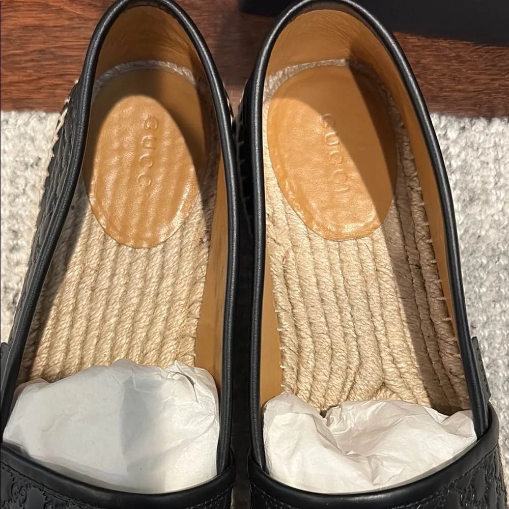 Gucci Black Leather Espadrilles with Natural Jute Trim